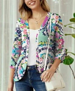 Promo ๐คฉ UDEAR Green & White Floral Three-Quarter Sleeve Open Cardigan - Plus ๐