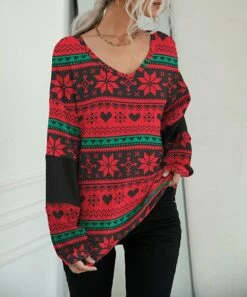 Top 10 🧨 UDEAR Black & Red Fair Isle Heart & Snowflake Long-Sleeve V-Neck Tee - Plus 😉