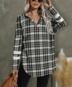 Discount 👏 UDEAR Black & White Plaid V-Neck Hoodie - Plus 🧨