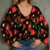 Best Pirce 😍 UDEAR Black & Red Floral Bishop-Sleeve V-Neck Top - 👩 Women 🛒