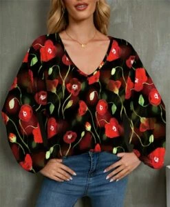 Best Pirce 😍 UDEAR Black & Red Floral Bishop-Sleeve V-Neck Top - 👩 Women 🛒