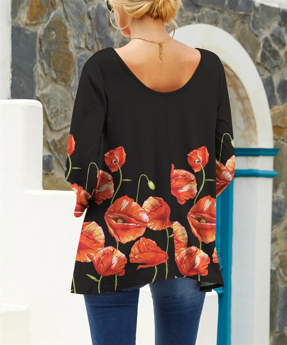 Outlet ✨ UDEAR Red & Black Floral Scoop-Back Three-Quarter Sleeve Top - 👩 Women & Plus 💯 - Image 2