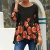 Outlet ✨ UDEAR Red & Black Floral Scoop-Back Three-Quarter Sleeve Top - 👩 Women & Plus 💯