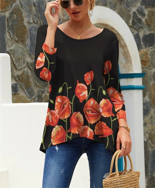 Outlet ✨ UDEAR Red & Black Floral Scoop-Back Three-Quarter Sleeve Top - 👩 Women & Plus 💯