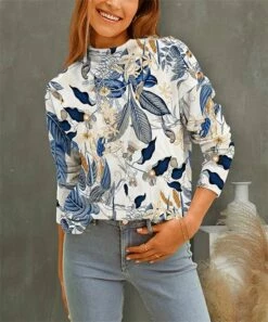 Best Pirce 👏 UDEAR White & Navy Leaves Mock Neck Top - 👩 Women 🤩