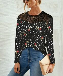 Best deal 🥰 UDEAR White & Black Dots & Roses Lace Yoke Long-Sleeve Top - 👩 Women 🛒