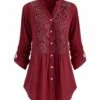 Buy 💯 UDEAR Burgundy Floral Lace Button-Up Long-Sleeve Top - 👩 Women & Plus 😍