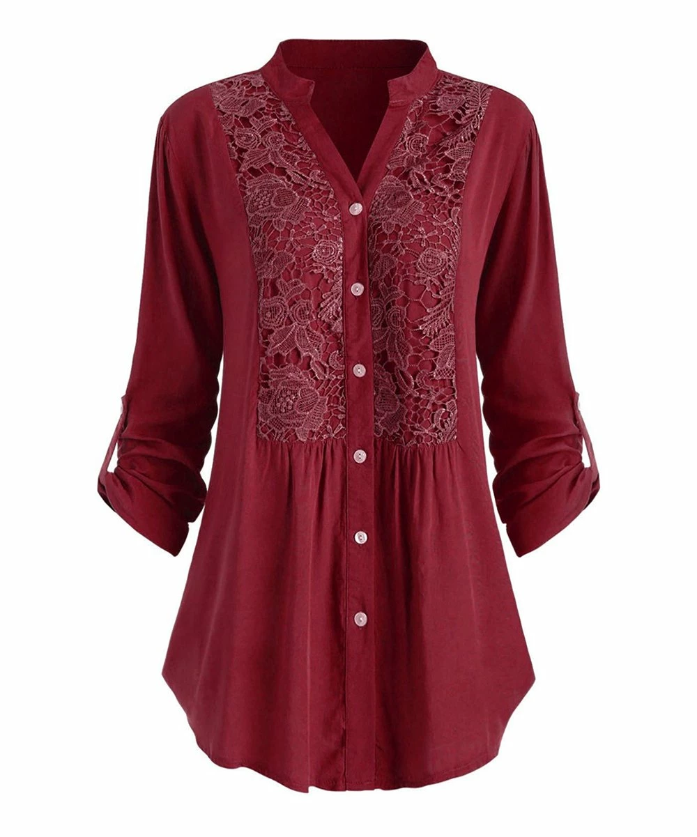 Buy ๐ฏ UDEAR Burgundy Floral Lace Button-Up Long-Sleeve Top - ๐ฉ Women & Plus ๐
