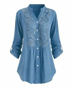 Promo 🔔 UDEAR Light Blue Floral Lace Button-Up Long-Sleeve Top - 👩 Women 😀
