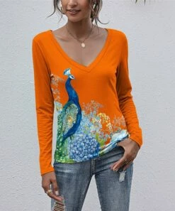 Outlet 🤩 UDEAR Orange & Blue Peacock V-Neck Long-Sleeve Top - Plus 👍