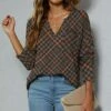 Best reviews of 💯 UDEAR Coffee & Orange Plaid Notch Neck Top - 👩 Women 💯