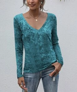 Buy ✔️ UDEAR Light Green Velvet Long-Sleeve V-Neck Top - 👩 Women 😉