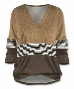 Cheap ✔️ UDEAR Coffee & White Stripe V-Neck Top - Plus 👏