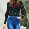 Cheapest ⭐ UDEAR Black Multicolor Heart Mutton-Sleeve Mock Neck Top - 👩 Women & Plus 🧨