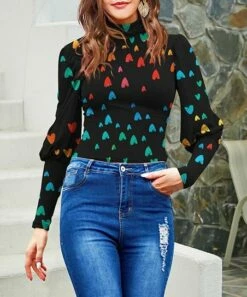 Cheapest ⭐ UDEAR Black Multicolor Heart Mutton-Sleeve Mock Neck Top - 👩 Women & Plus 🧨