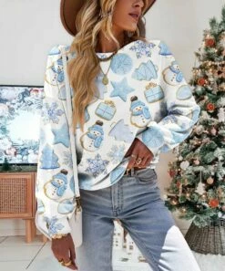 Best Pirce ❤️ UDEAR Light Blue & White Snowman Bishop-Sleeve Top - 👩 Women ❤️