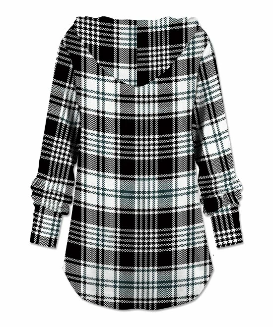 Promo 😉 UDEAR Black & White Plaid Hooded Button-Up Cardigan - Plus 🎁 - Image 2