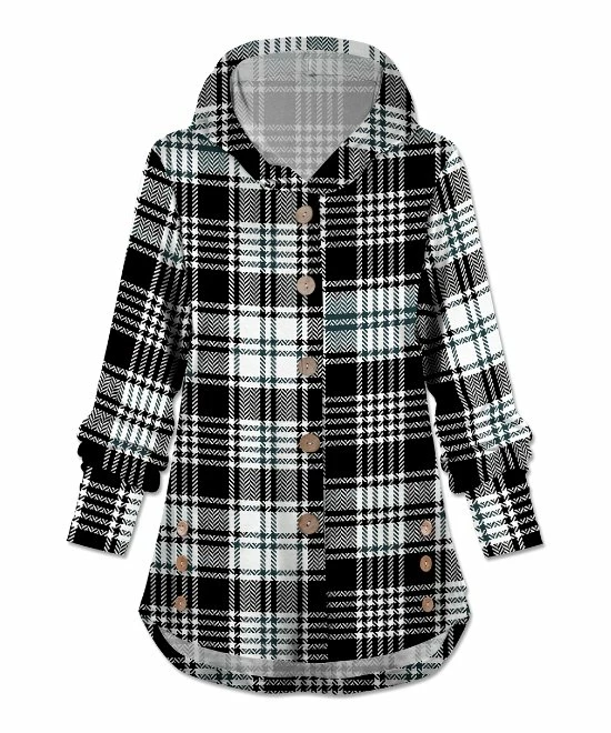 Promo 😉 UDEAR Black & White Plaid Hooded Button-Up Cardigan - Plus 🎁