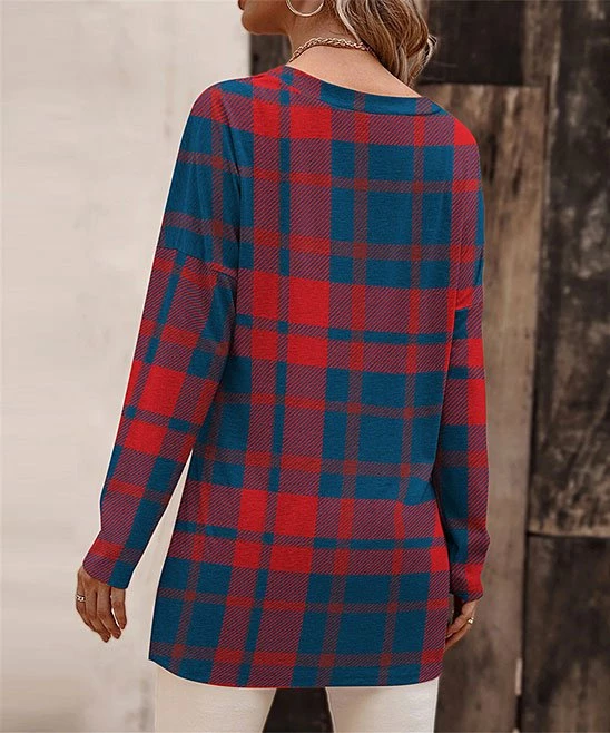 Buy โค๏ธ UDEAR Blue & Red Plaid V-Neck Top - Plus ๐ - Image 2