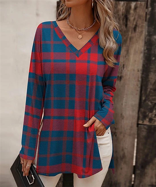 Buy โค๏ธ UDEAR Blue & Red Plaid V-Neck Top - Plus ๐