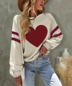 Wholesale 🔔 UDEAR Red & Apricot Heart Waffle Crewneck Top - 👩 Women ✔️