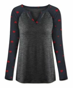 Discount 🤩 UDEAR Heather Gray & Red Heart Contrast Raglan-Sleeve Notch-Neck Top - 👩 Women 🔥