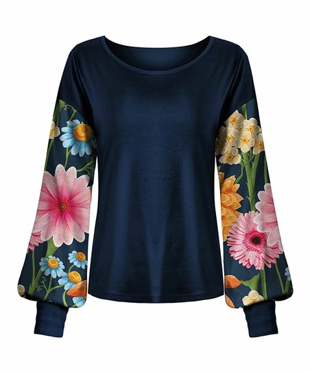 Flash Sale ๐ UDEAR Navy & Pink Floral Bishop-Sleeve Top - Plus ๐