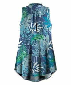 Discount 🥰 UDEAR Blue Leaves Chameleon Mock Neck Sleeveless Top - 👩 Women 🔔