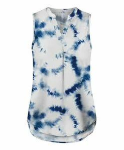 Top 10 😍 UDEAR White & Blue Tie-Dye Sleeveless Notch Neck Top - 👩 Women ⌛