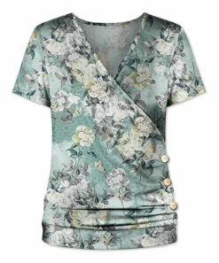 Buy 🎉 UDEAR Blue & Green Floral Side-Button Short-Sleeve Surplice Top - 👩 Women 🔔