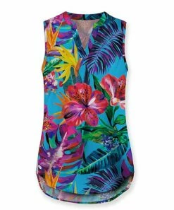 Discount 💯 UDEAR Blue Floral & Leaves Sleeveless Notch Neck Top - 👩 Women 🛒