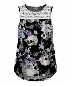 Wholesale 💯 UDEAR Black & Blue Leaf Skull Lace-Yoke Sleeveless Top - Plus 🔔