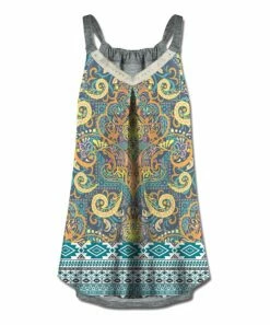 Budget ❤️ UDEAR Orange & Teal Geometric Floral V-Neck Tank - 👩 Women 👍