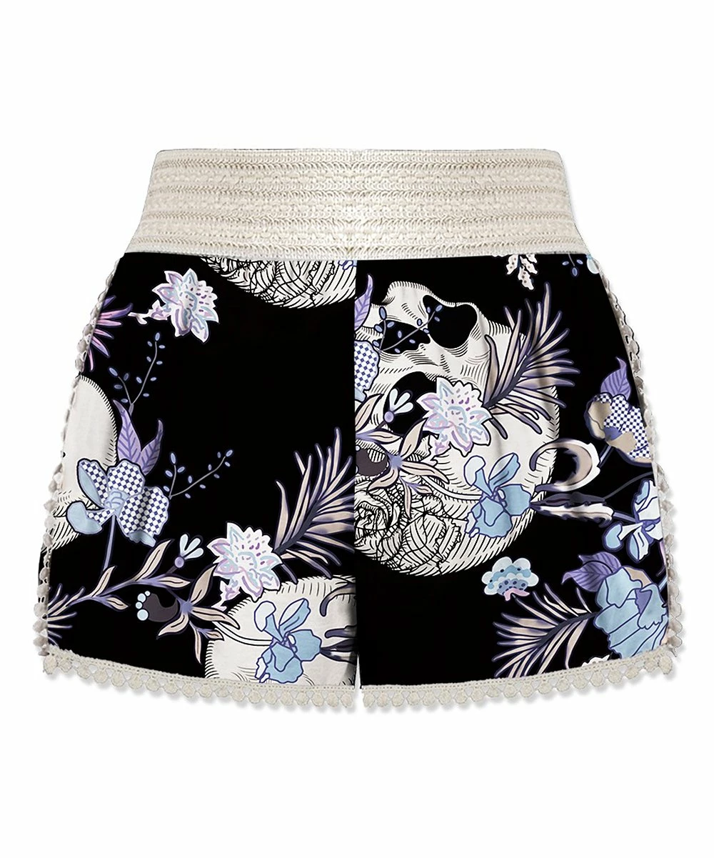 Flash Sale 👍 UDEAR Black & Light Blue Floral Skull Crochet-Trim Shorts - 👩 Women ⭐ - Image 2
