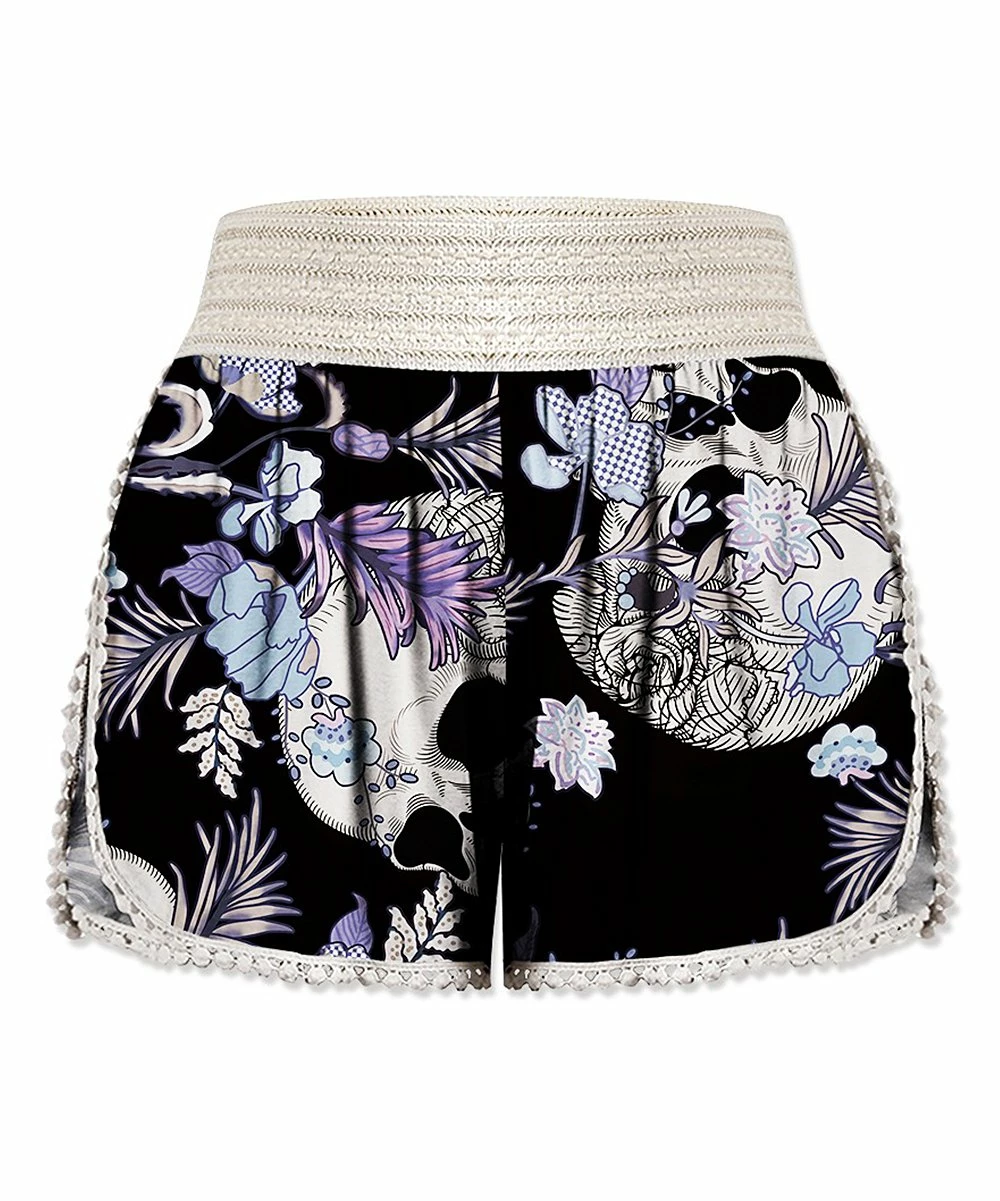 Flash Sale 👍 UDEAR Black & Light Blue Floral Skull Crochet-Trim Shorts - 👩 Women ⭐
