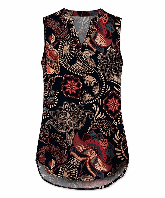 Top 10 ๐ UDEAR Red & Black Floral Notch Neck Sleeveless Top - ๐ฉ Women ๐