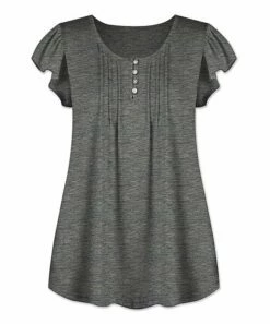 Best Pirce 🔥 UDEAR Heather Gray Pin-Tucked Flutter Sleeve Button-Front Top - Plus 🔥