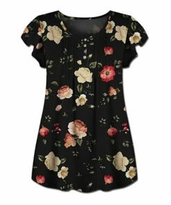 Deals 🔔 UDEAR Black Rose Flutter-Sleeve Button-Front Top - 👩 Women 😀