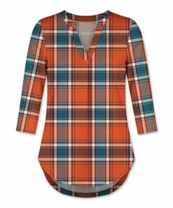 Cheap ⌛ UDEAR Orange Plaid Three-Quarter Sleeve Notch Neck Top - Plus 🧨