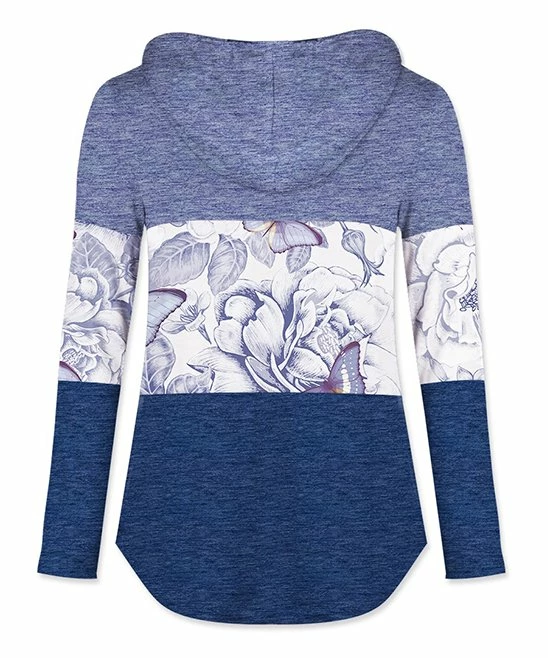 Best Sale โค๏ธ UDEAR Heather Blue & Navy Floral Butterflies Color Block Hoodie - Plus ๐ฅฐ - Image 2