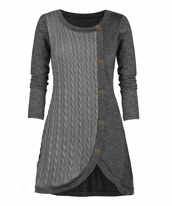 Top 10 ๐ UDEAR Gray Twist-Knit Button-Accent Tulip-Hem Tunic - ๐ฉ Women โจ