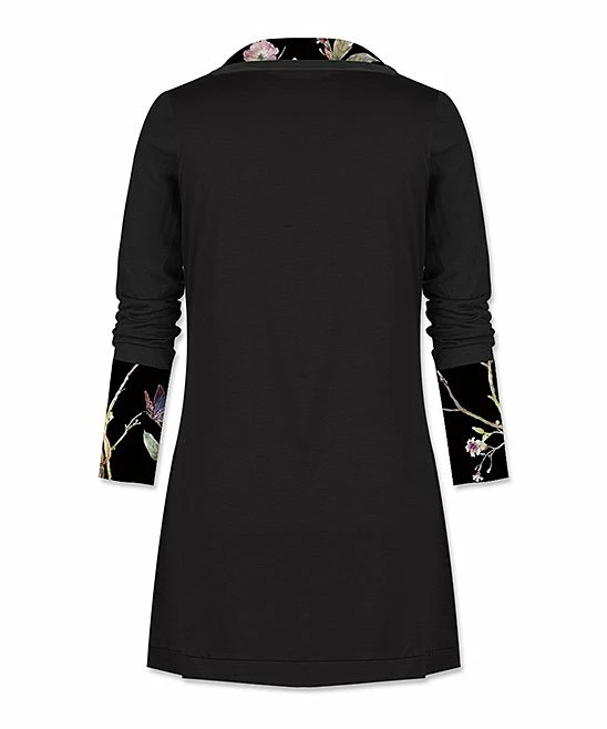 Buy 😍 UDEAR Black Floral & Butterflies Button-Accent Cowl Neck Tunic - Plus ✔️ - Image 2