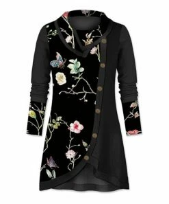 Buy 😍 UDEAR Black Floral & Butterflies Button-Accent Cowl Neck Tunic - Plus ✔️