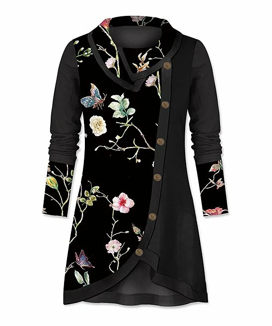 Buy 😍 UDEAR Black Floral & Butterflies Button-Accent Cowl Neck Tunic - Plus ✔️