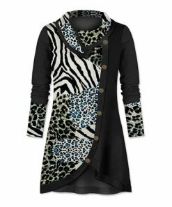 Best Pirce 🤩 UDEAR Black Animal Print Button-Accent Cowl Neck Tunic - 👩 Women 🌟