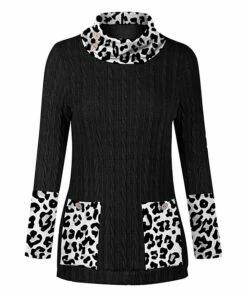 Cheap 🤩 UDEAR Black Leopard-Contrast Pocket Cable-Knit Mock Neck Top - 👩 Women & Plus 🧨