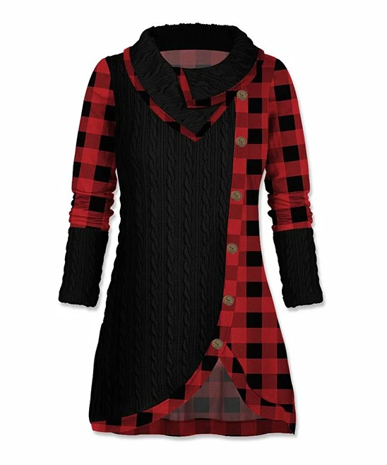Brand new ๐ UDEAR Red & Black Plaid Button-Accent Cowl Neck Tunic - ๐ฉ Women ๐