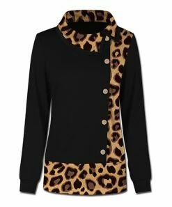 Best Pirce 🥰 UDEAR Black Leopard Button-Accent Mock Neck Long-Sleeve Top - Plus 👍