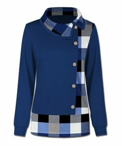 Promo 🔥 UDEAR Navy Plaid Button-Accent Mock Neck Long-Sleeve Top - 👩 Women 🔔