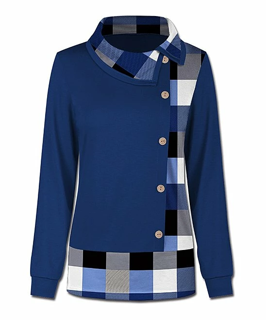 Promo 🔥 UDEAR Navy Plaid Button-Accent Mock Neck Long-Sleeve Top - 👩 Women 🔔